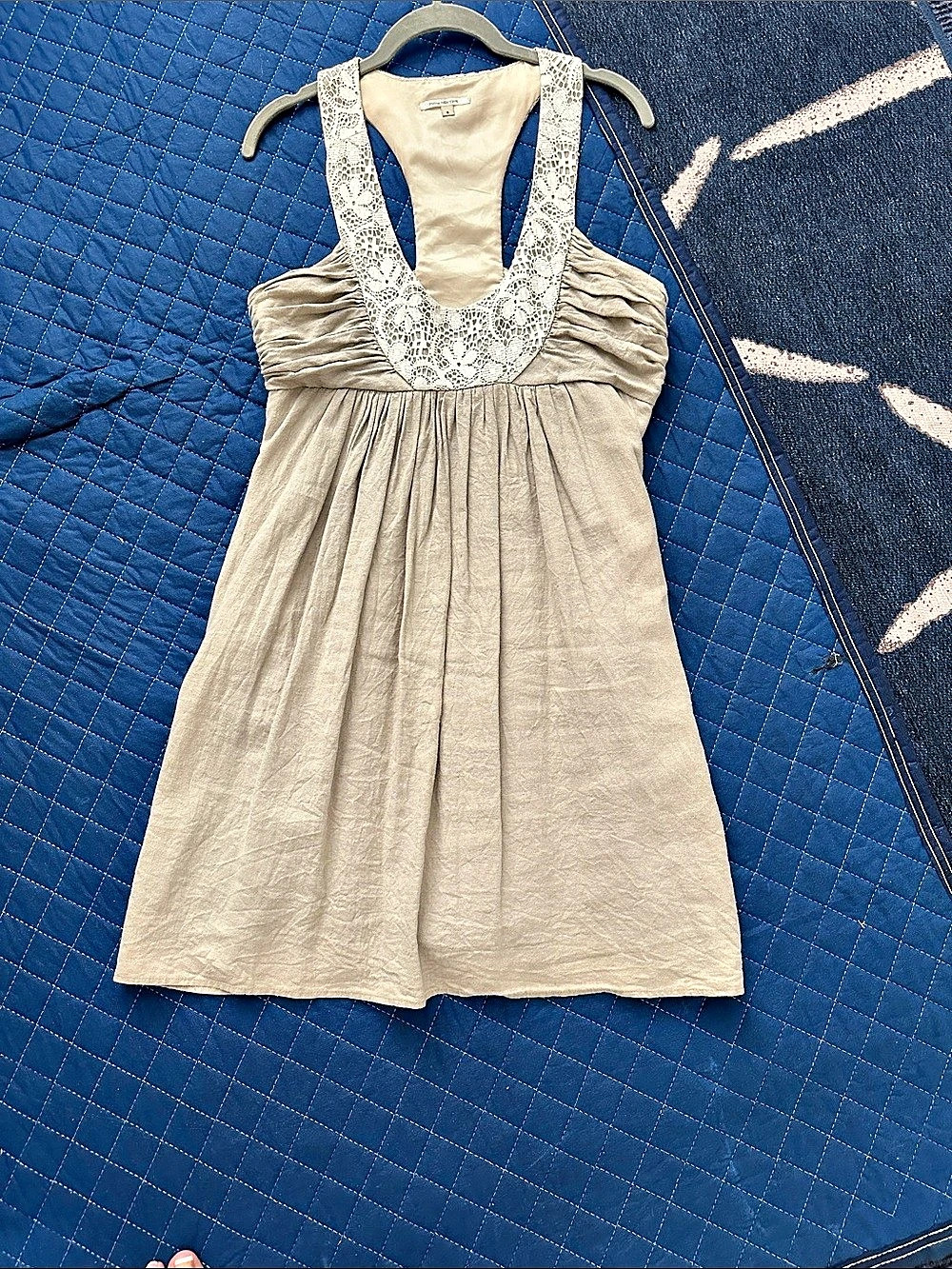 Molly New York Lace Neck Tank Design Dress in Beige Linen Size 6
